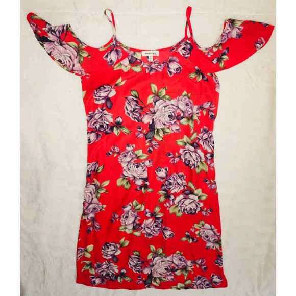 Red Floral Print Cold Shoulder Dress - Picture 4 of 4